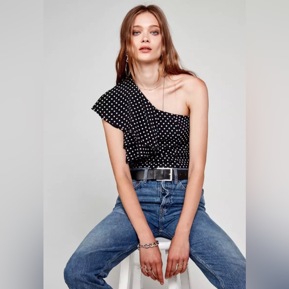 Flynn Skye XSMALL Black and White Polka Dot One Shoulder Top